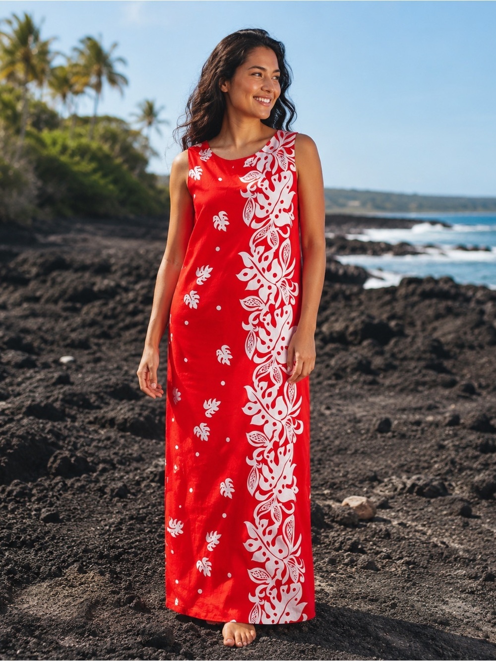 Vintage 70s Malihini Hawaiian Muumuu Red White Cotton Maxi Dress
